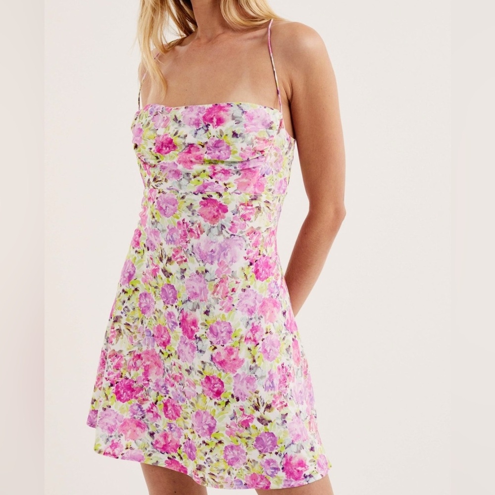 For Love & Lemons Pink Floral Mini Dress with Green Accents
